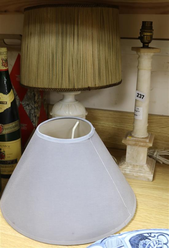 Two Victorian alabaster table lamps, a stationery rack and a pair of globe bookends (5)